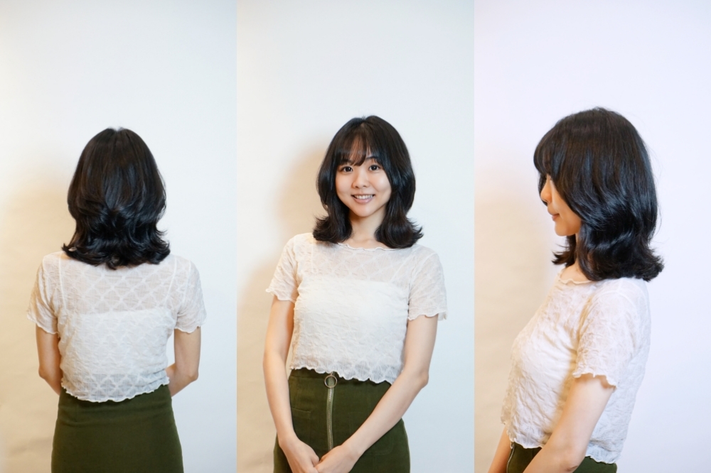 板橋髮廊推薦✂️2025中長髮髮型：高層次外翻造型，修飾臉型的頭包臉髮型~京喚羽護髮