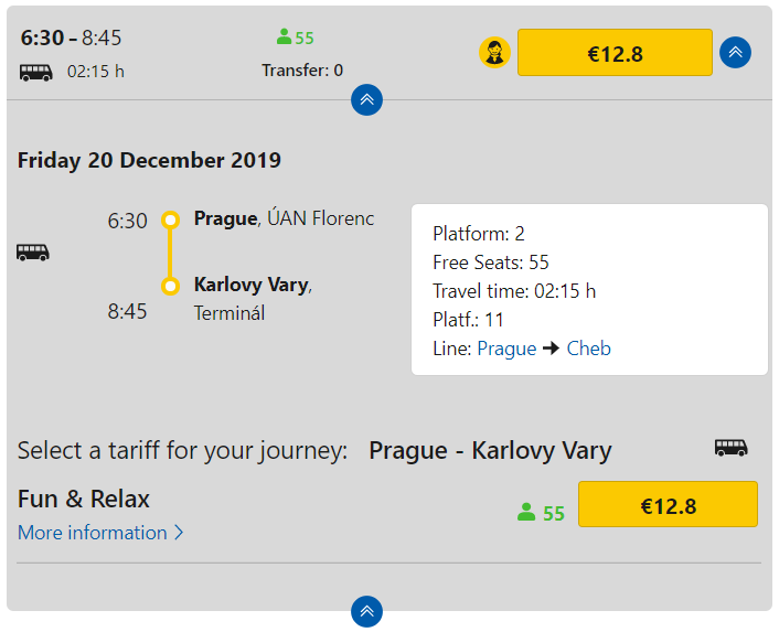 捷克布拉格市區到溫泉小鎮交通Regio jet巴士｜卡羅維瓦利Karlovy Vary(KV小鎮)。單趟只要6.4歐元