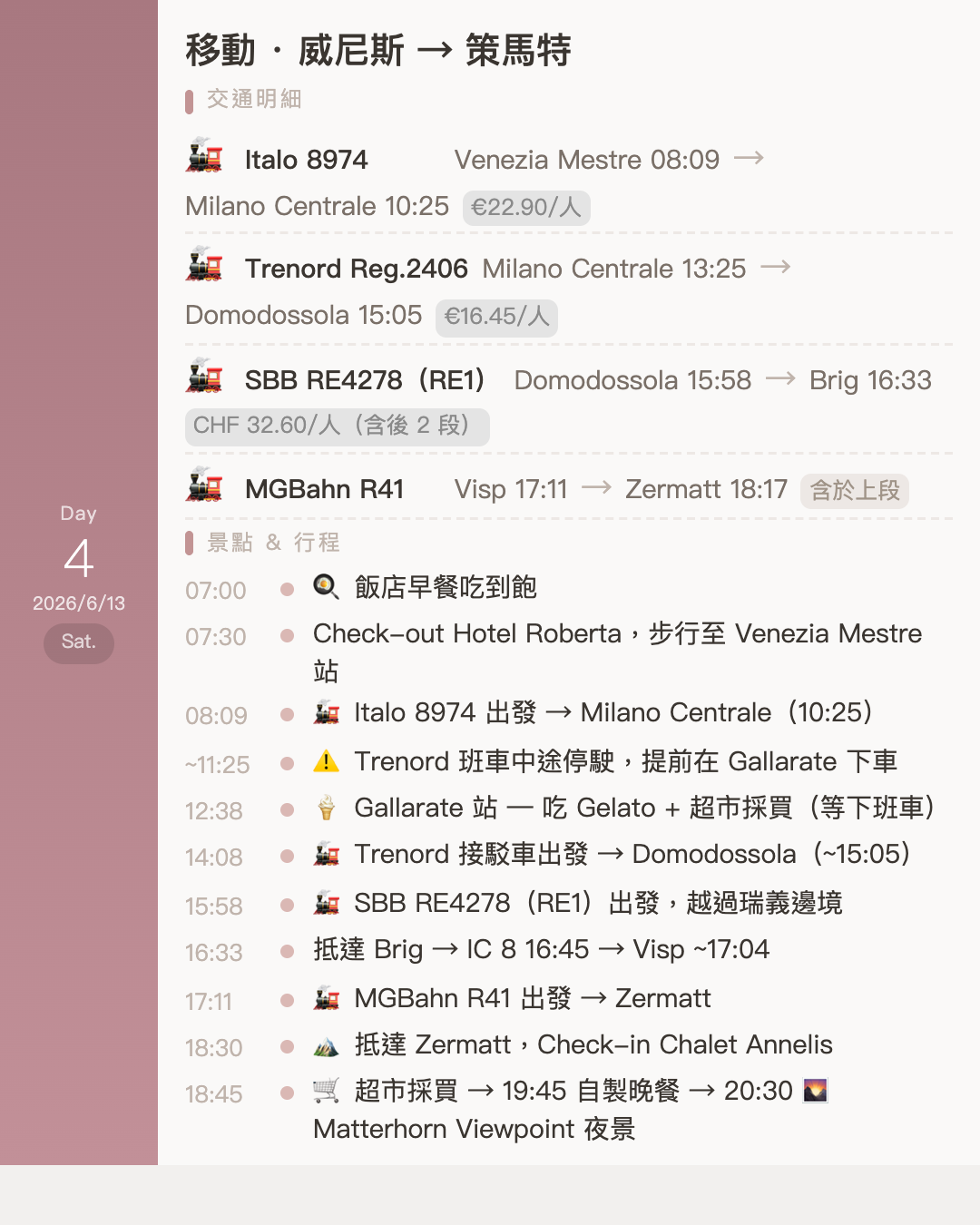 網站近期文章：瑞士自由行13天12夜每日行程
