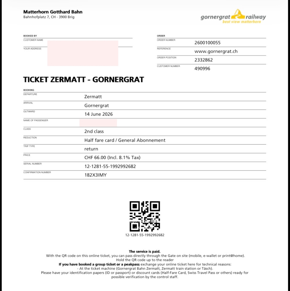 Gornergrat鐵路車票Zermatt Gornergrat半價卡CHF66