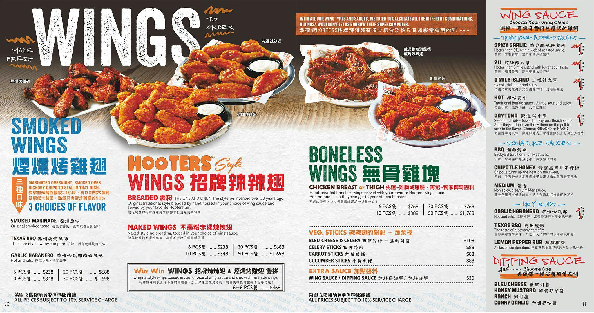 Hooters菜單-招牌辣辣翅與醬料選擇