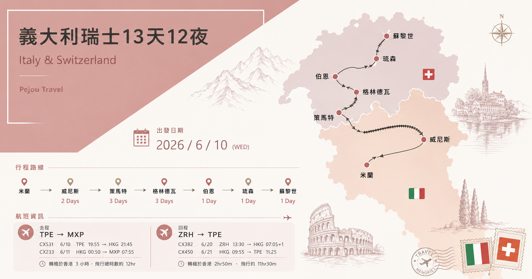 網站近期文章：瑞士義大利13天12夜自由行懶人包｜威尼斯、策馬特馬特洪峰、格林德瓦少女峰、首都伯恩、悠哉琉森、蘇黎世老城～蜜月行程