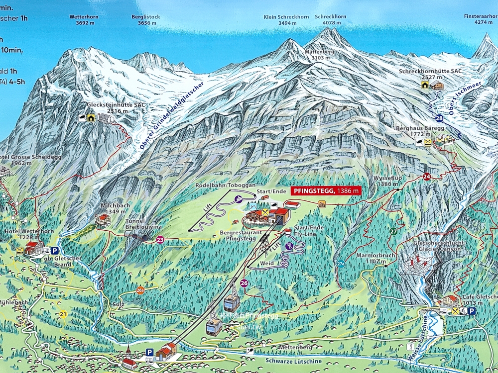 Pfingstegg地圖1386m Rodelbahn滑車道周邊山峰Wetterhorn路線